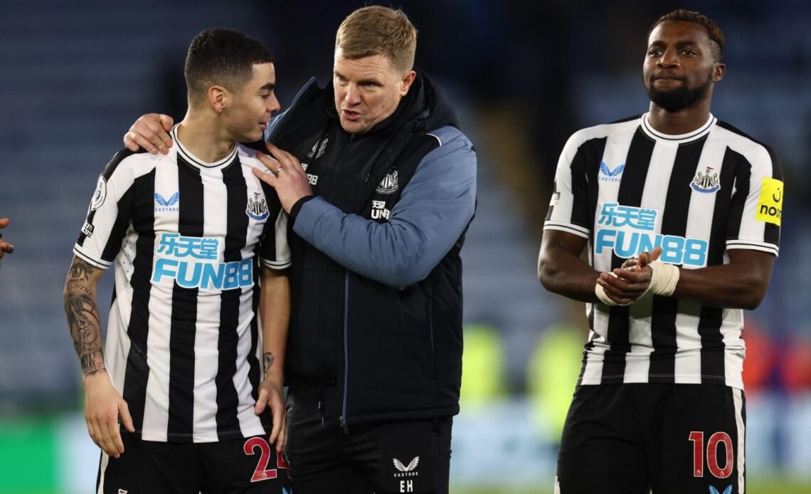 Eddie Howe celebrates with Miguel Almiron after Newcastle beat Leicester.