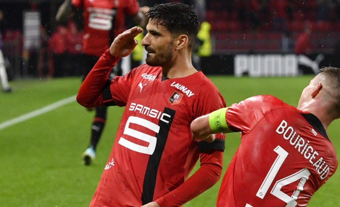 Martin Terrier celebrates scoring for Rennes.
