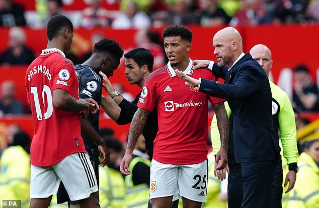 Manchester United manager Erik ten Hag (right) has admitted he does not know when £73million Jadon Sancho (second right) will return to action for the club in a shock revelation