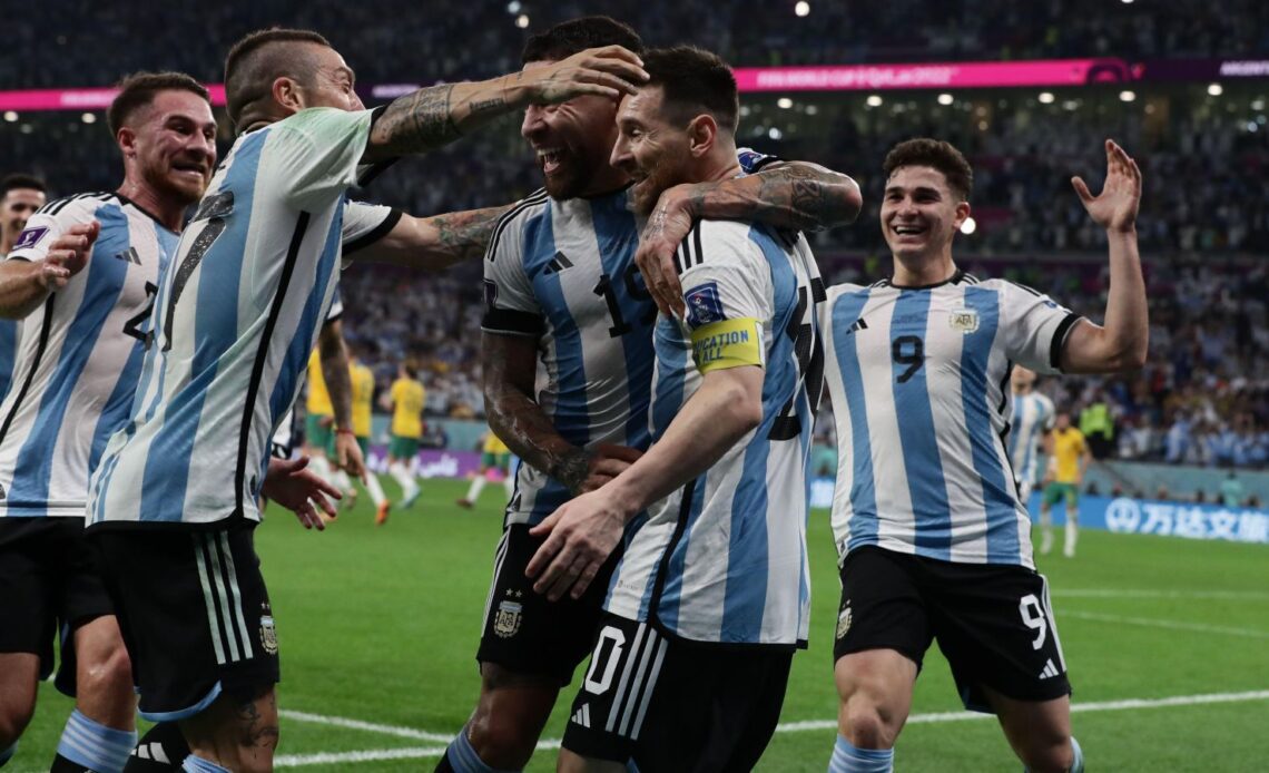Argentuna star Lionel Messi celebrates scoring a goal against Australia