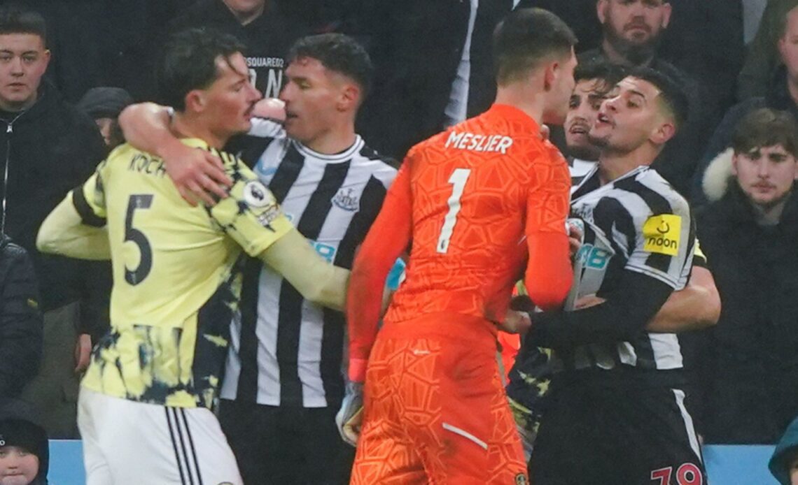 Leeds and Newcastle players clash during the 0-0 draw at St James' Park.