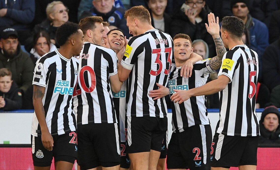 Newcastle celebrate after Miguel Almiron scores in a 3-0 Premier League win at Leicester
