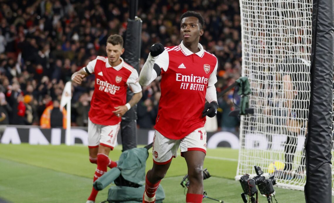 Eddie Nketiah celebrates after scoring for Arsenal in a 3-1 Premier League win over West Ham