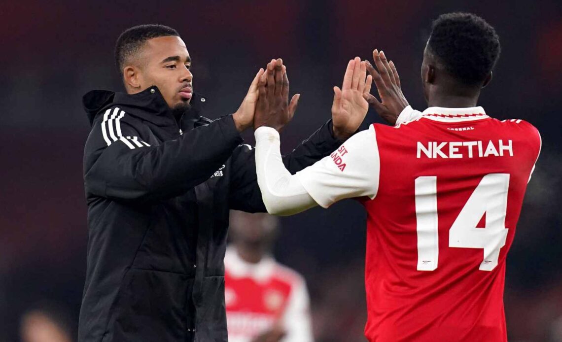 Arsenal pair Gabriel Jesus and Eddie Nketiah celebrate a win