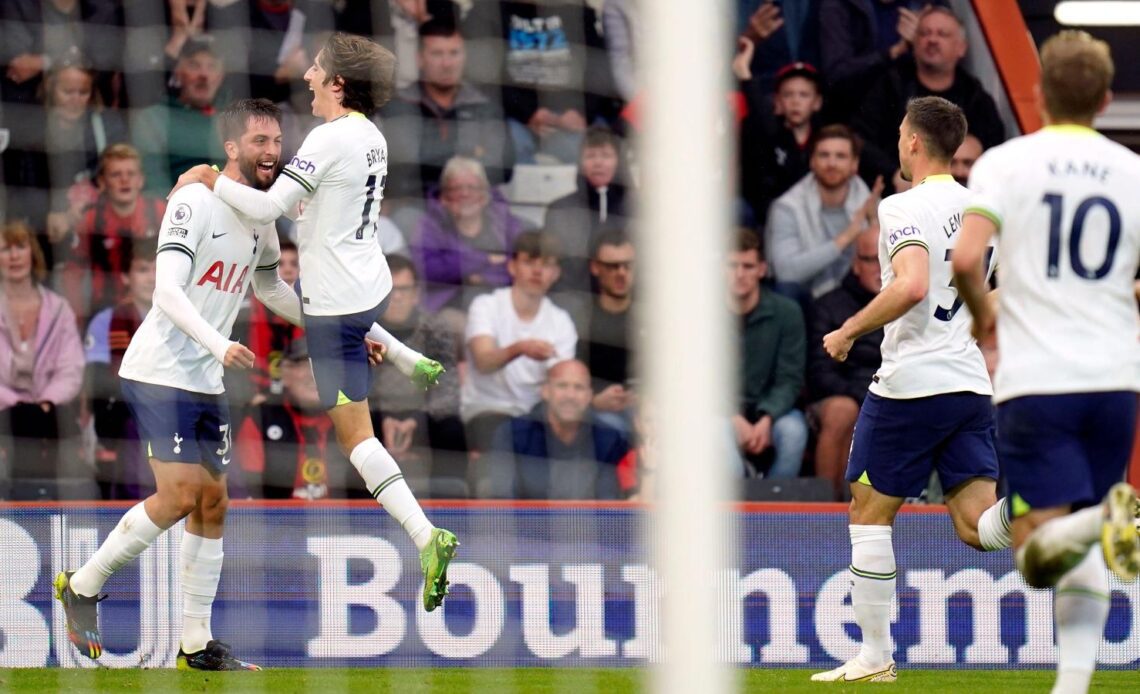 Rodrigo Bentancur celebrates scoring a late winner for Tottenham in their Premier League game at Bournemouth