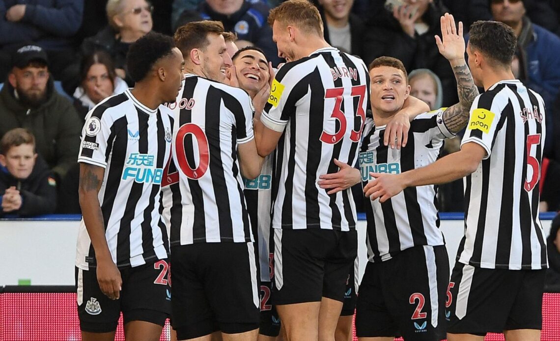 Miguel Almiron celebrates scoring for Newcastle at Leicester.