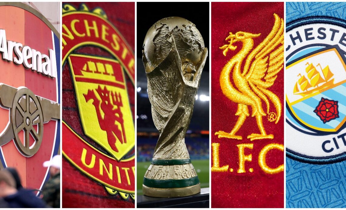The badges of Premier League clubs Arsenal, Manchester United, Liverpool and Manchester City with the World Cup trophy.