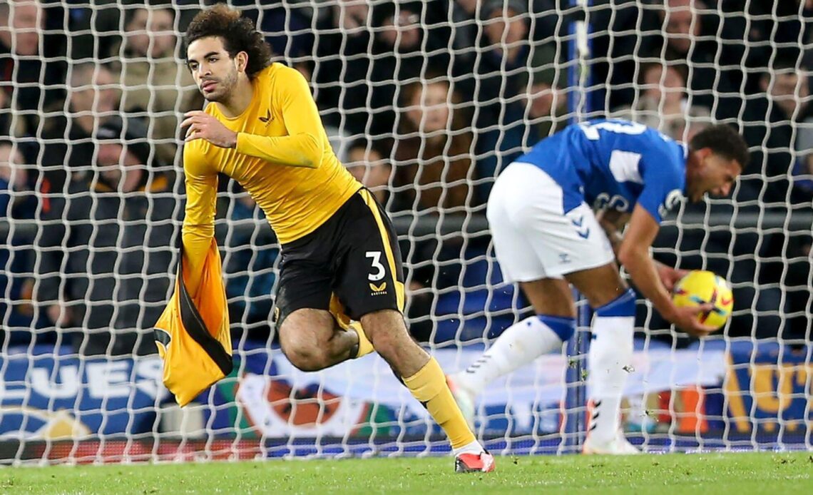 Rayan Ait-Nouri of Wolves celebrates scoring a late winner against Everton.
