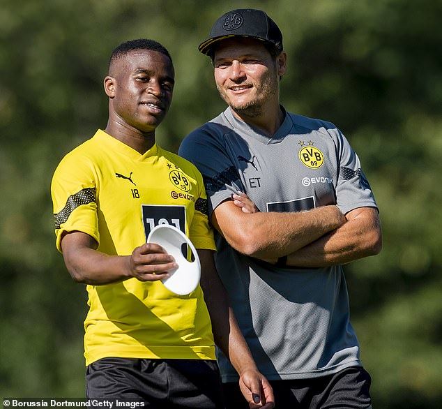 The news will come as a massive boost to Dortmund manager Edin Terzic (pictured, right)