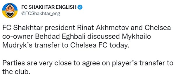 Shakhtar Donetsk announced that a deal that will see Mudryk move to Chelsea is 'very close'