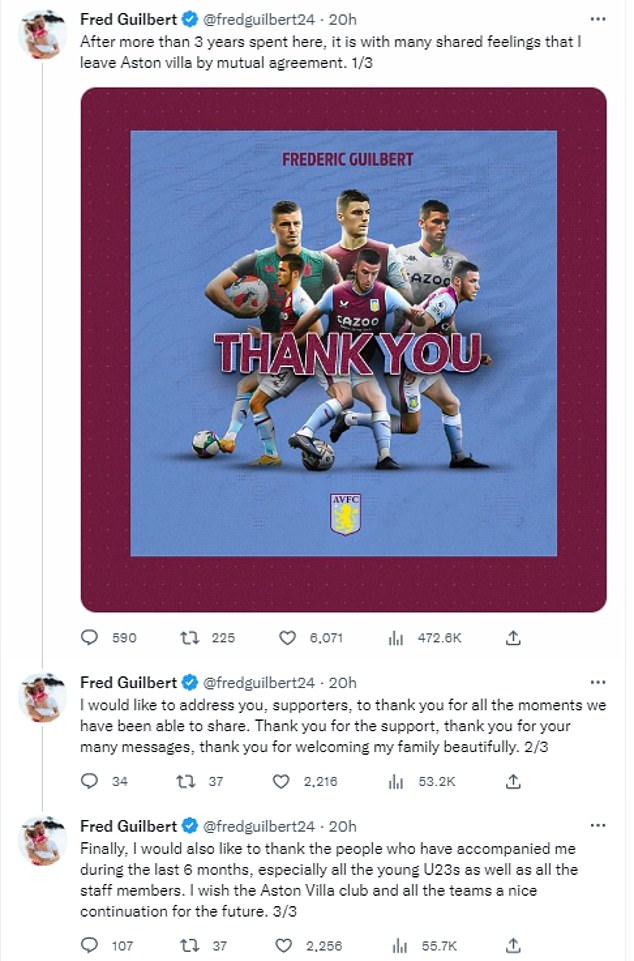 Guilbert thanked Aston Villa fans for their support after his exit from the club was confirmed