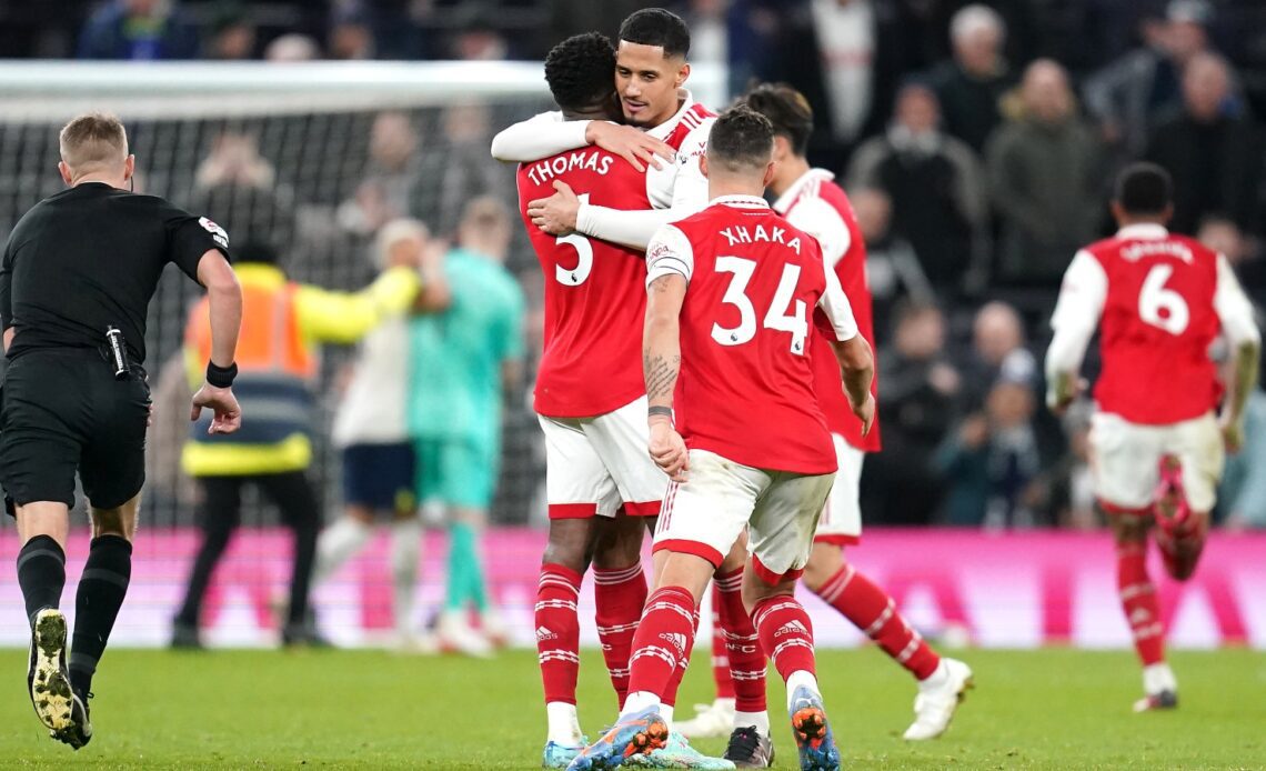 Arsenal celebrate at full-time after beating Tottenham in the north London derby.