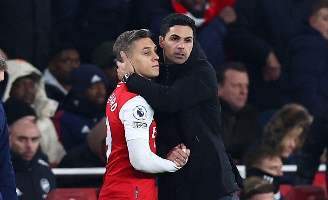 Arsenal boss Mikel Arteta hugs Leandro Trossard