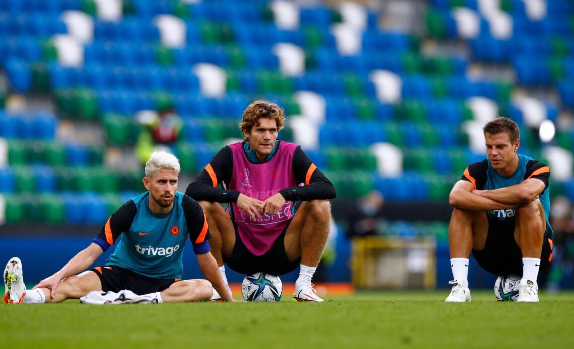 Chelsea trio Cesar Azpilicueta, Jorginho, and Marcos Alonso during a training session