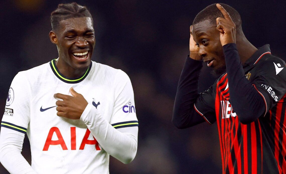 Tottenham midfielder Yves Bissouma shares a joke with Nice winger Nicolas Pepe.