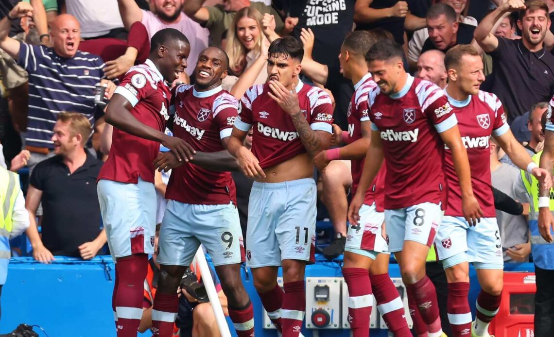 Reported Chelsea target Michail Antonio celebrates his goal with his West Ham teammates