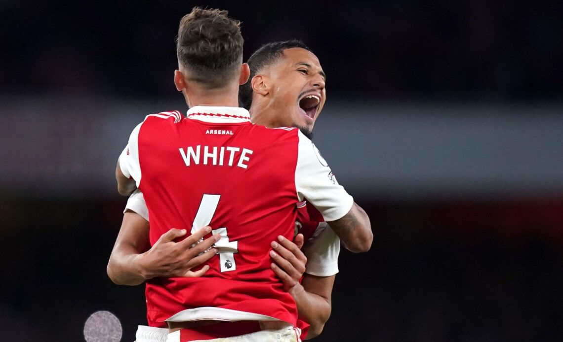Arsenal's Ben White and William Saliba celebrate at the final whistle after the Premier League match between Arsenal and Liverpool at Emirates Stadium, London, October 2022.