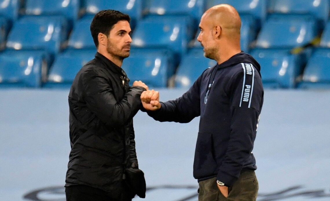 Manchester City manager Pep Guardiola and Arsenal manager Mikel Arteta after the match between Manchester City and Arsenal at Etihad Stadium, Manchester, June 2020.
