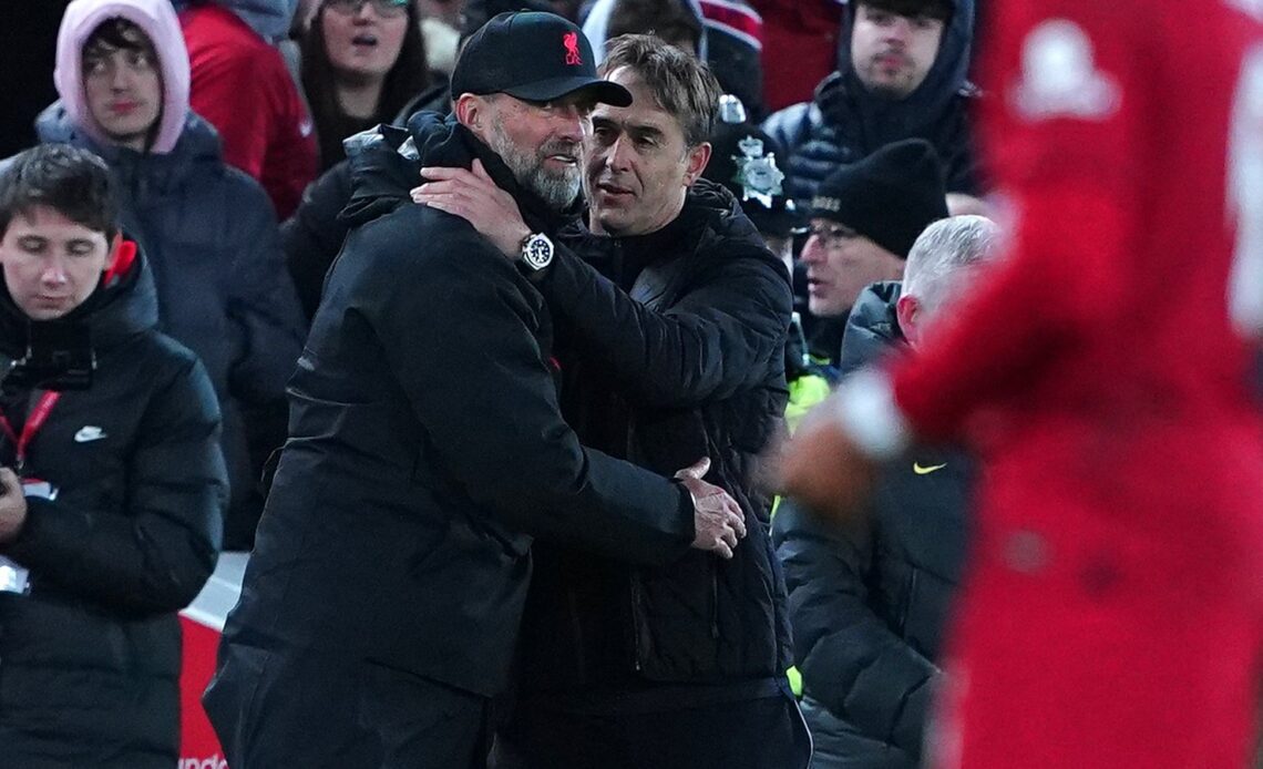 Jurgen Klopp and Julen Lopetegui embrace after Liverpool draw with Wolves in the FA Cup.