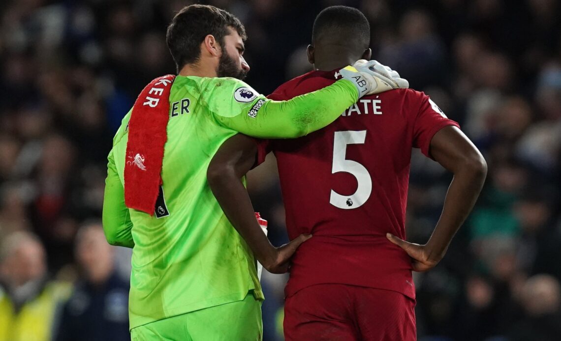Alisson consoles Ibrahima Konate after Liverpool lose to Brighton.