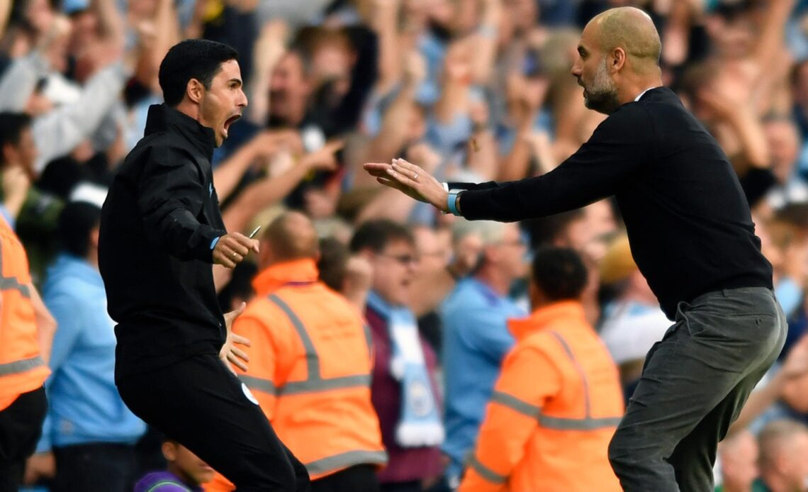 Pep Guardiola and Mikel Arteta celebrate during the time working together at Manchester City.