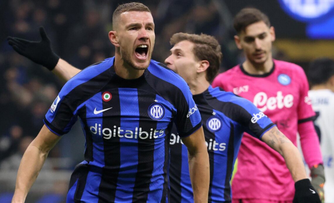 Edin Dzeko celebrates scoring for Inter Milan against Napoli.