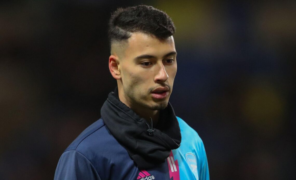 Arsenal winger Gabriel Martinelli takes part in a pre-match warm-up