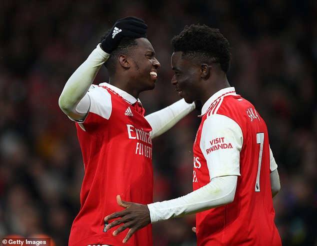 Eddie Nketiah (L) and Bukayo Saka (R) scored as Arsenal beat Manchester United on Sunday