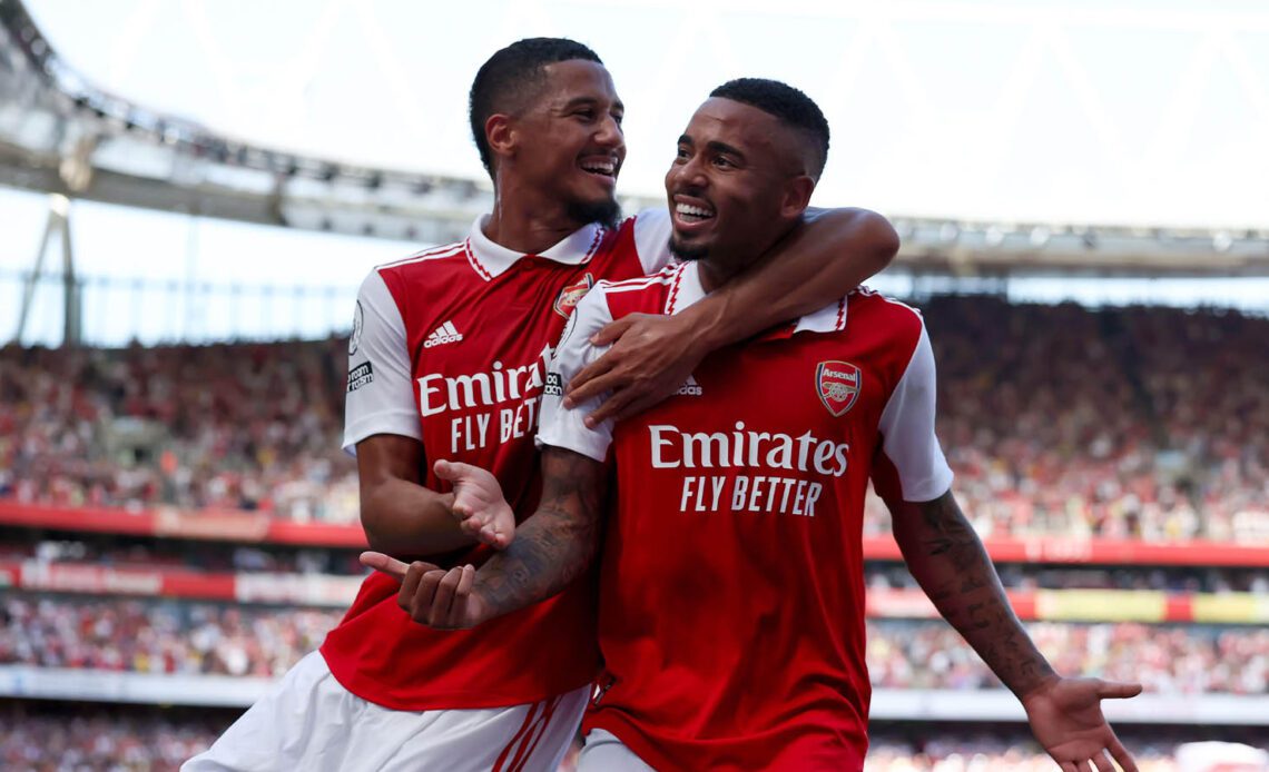 Gabriel Jesus of Arsenal celebrates his second goal with William Saliba
