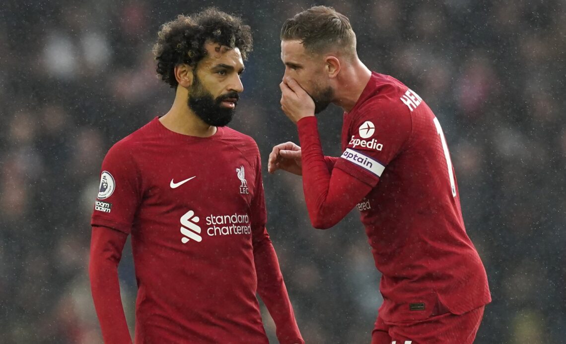 Mo Salah and Jordan Henderson in conversation during Liverpool's defeat to Brighton.