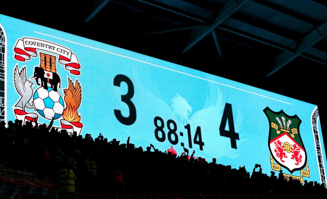 The scoreboard at the end of the match between Wrexham and Coventry in the FA Cup Third Round