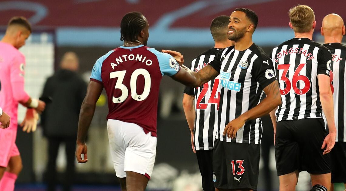 Michail Antonio and Callum Wilson after a Premier League game between West Ham and Newcastle