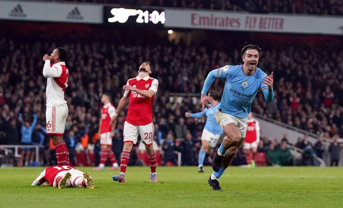 Jack Grealish celebrates scoring against Arsenal