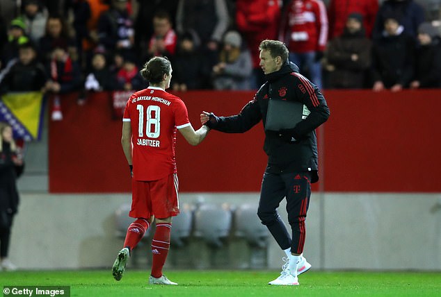 Sabitzer, 28, has struggled to win a starting spot at Bayern under Julian Nagelsmann (R)