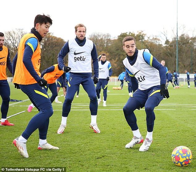 He claimed that he does not 'fear' training with the first team at Spurs alongside the likes of Harry Kane (C) and Son Heung-min (L)