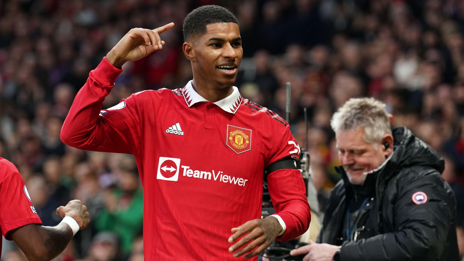 Marcus Rashford celebrates scoring for Manchester United in their Premier League victory over Crystal Palace at Old Trafford, Manchester, February 2023.