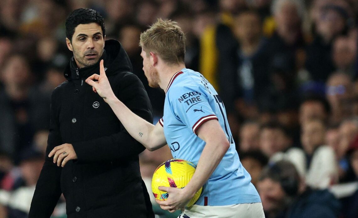 Arsenal manager Mikel Arteta is confronted by Kevin De Bruyne