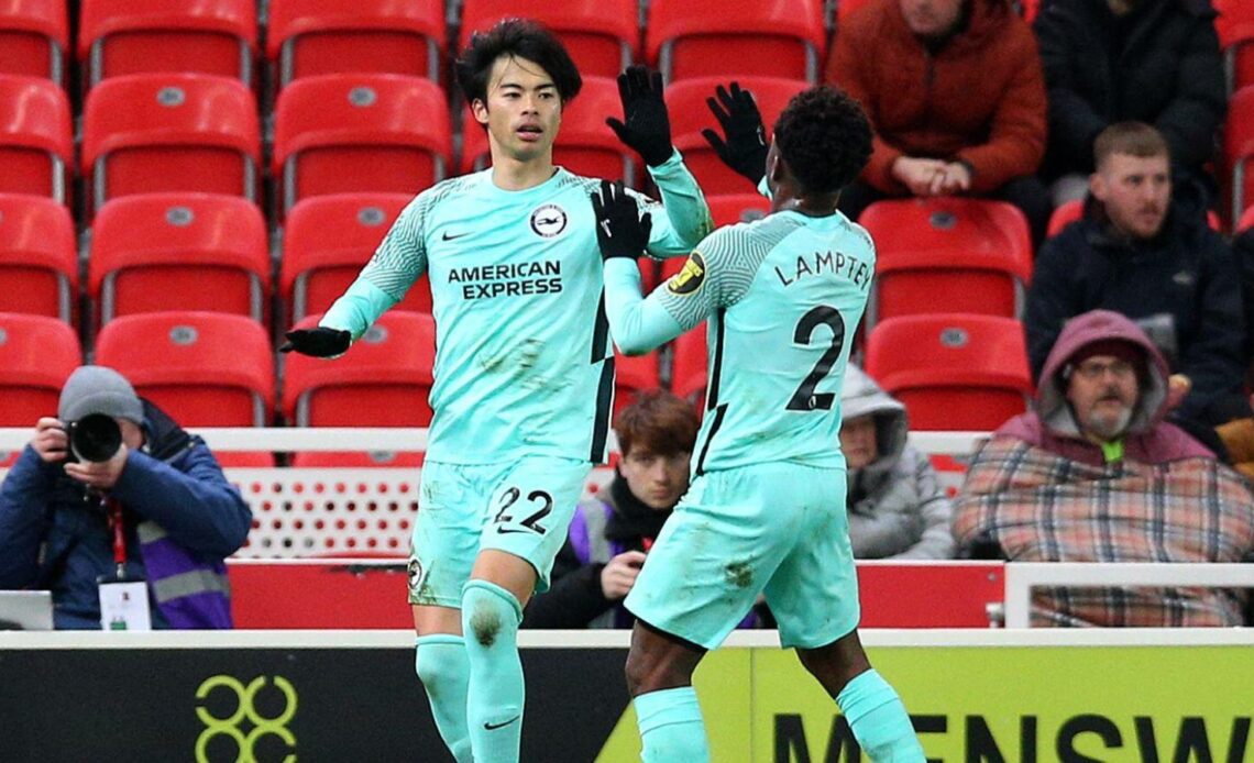 Stoke v Brighton - Kaoru Mitoma celebrates a goal