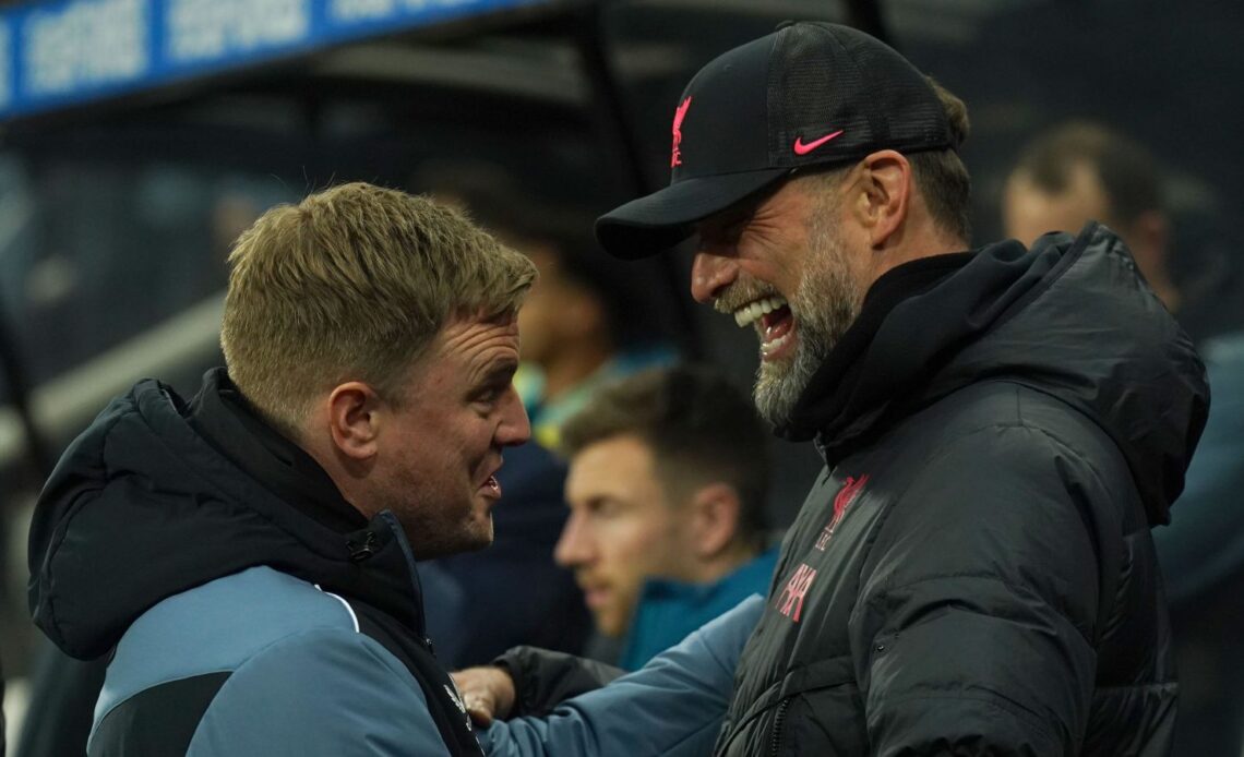 Eddie Howe greets Jurgen Klopp ahead of the Premier League clash between Newcastle and Liverpool