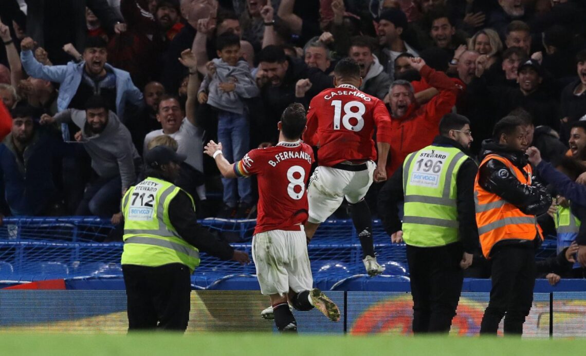 Casemiro celebrates scoring a late equaliser for Man Utd against Chelsea.