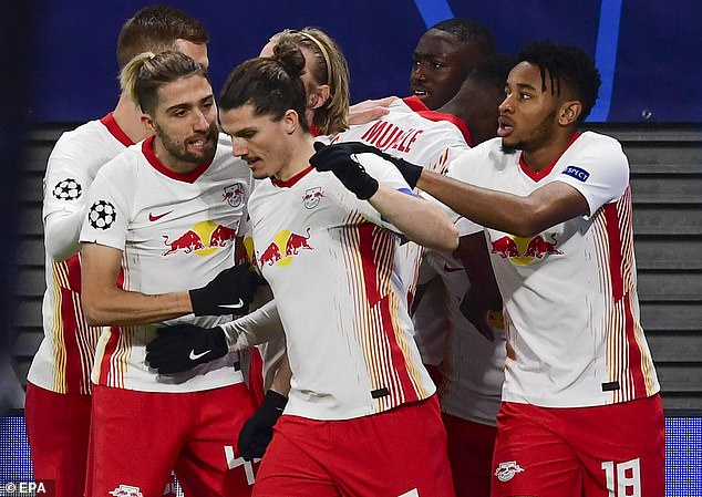 Marcel Sabitzer (centre) set up RB Leipzig's opening goal for Angelino when they beat Manchester United 3-2 in the 2020-21 Champions League group stage
