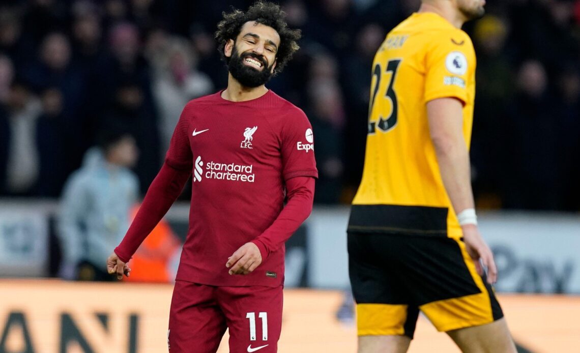 Liverpool forward Mo Salah reacts after missing a chance during the defeat to Wolves.