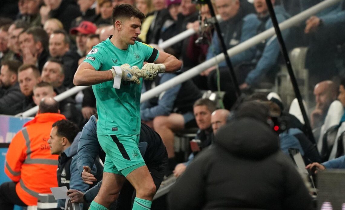 Newcastle goalkeeper Nick Pope walks off the pitch after being sent off