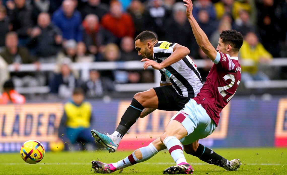 Callum Wilson of Newcastle United is tackled by Nayef Aguerd of West Ham