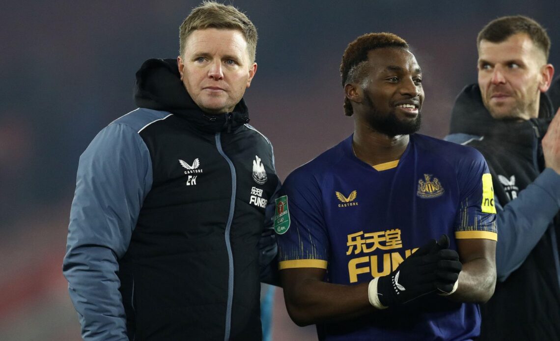 Newcastle winger Allan Saint-Maximin and Eddie Howe after a win