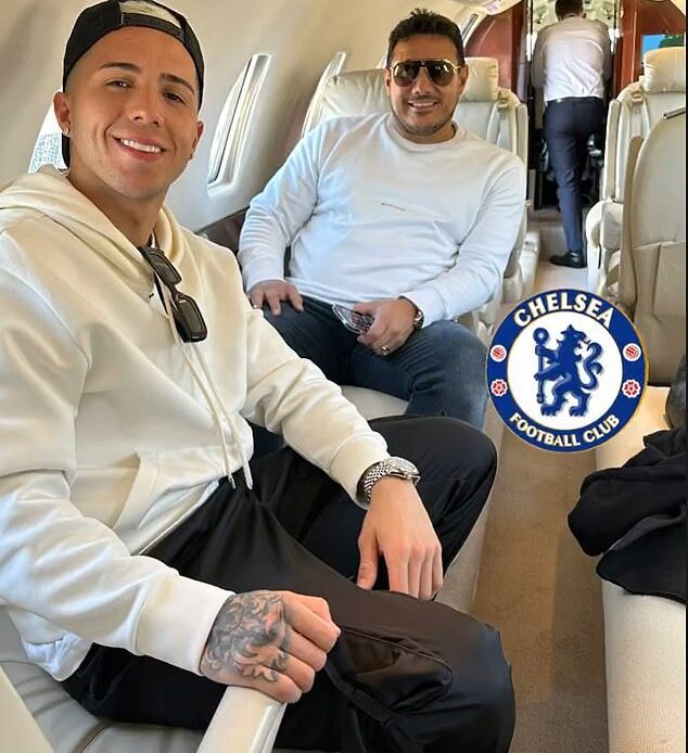 Chelsea's record signing (left, with his agent Uriel Perez) travelled to London on a private jet