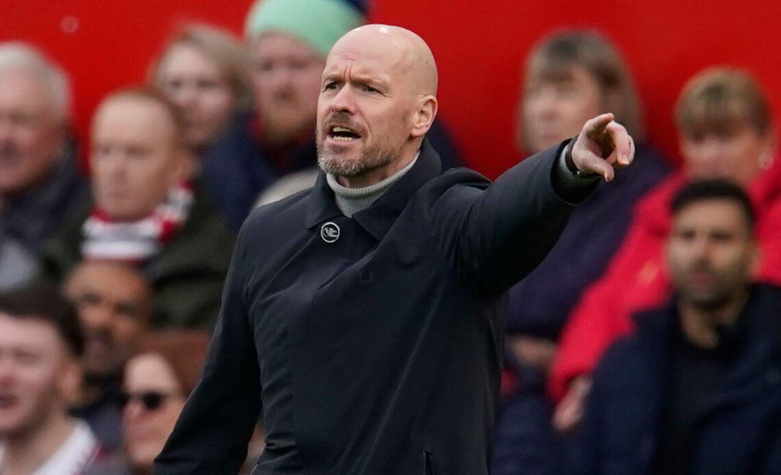 Manchester United's head coach Erik ten Hag gestures during the English Premier League soccer match between Manchester United and Leicester City at the Stamford Bridge stadium in Manchester, England, Sunday, Feb. 19, 2023.