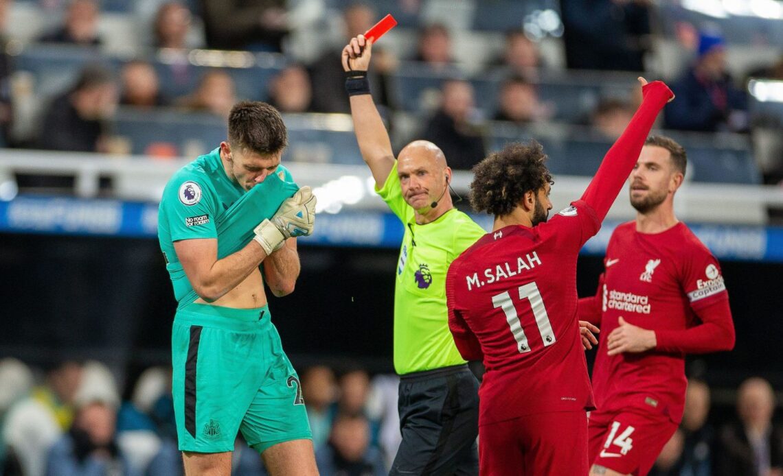 Newcastle goalkeeper Nick Pope is shown a red card in the 2-0 Premier League defeat to Liverpool