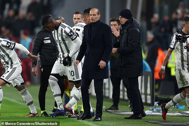 Pogba (left) made a 22 minute cameo as he returned to help Juventus manage a 4-2 win over Torino