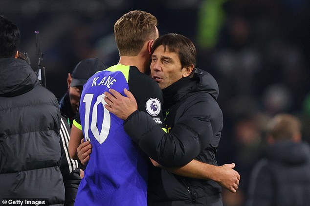 Kane is yet to win a major trophy in his career and Spurs are struggling under Antonio Conte (right)